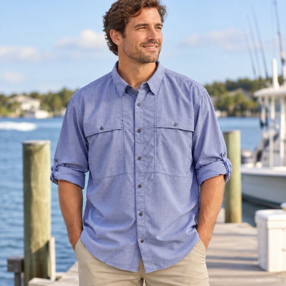 Orvis Open Air Caster Shirt Men’s XL Tall Blue Check Fishing UPF 40 Vent Gingham